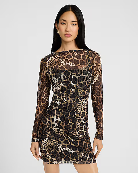 Leopard Mesh Boat Neck Long Sleeve Mini Dress | Express