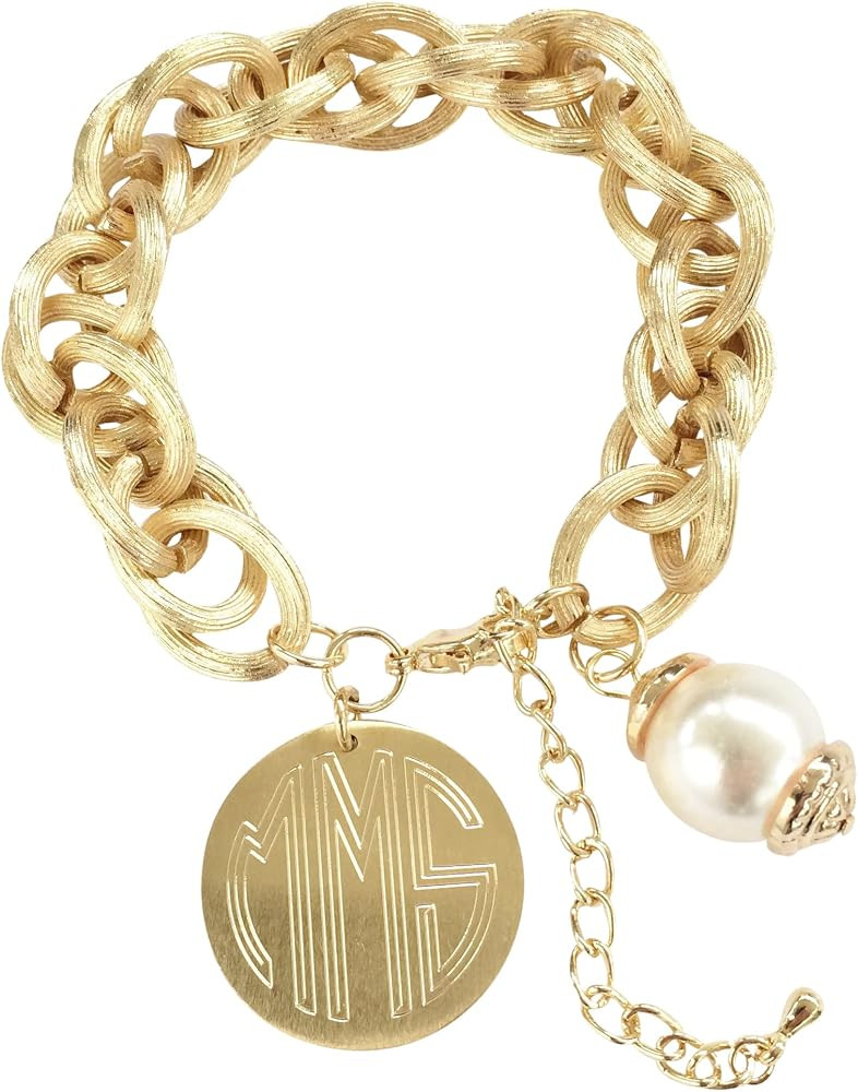 The Personal Exchange Chunky Gold Tone Chain Bracelet Bead Bracelet with Monogrma Disc And Bead A... | Amazon (US)