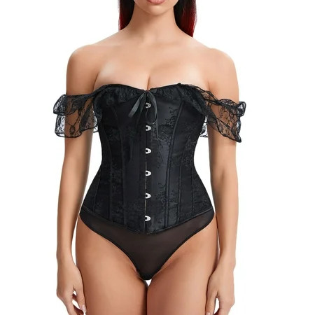 cllios Corset Tops for Women with Sleeves Plus Size Floral Lace Up Crop Tops Vintage Boned Overbust Corset Gothic Costume Bodyshaper | Walmart (US)