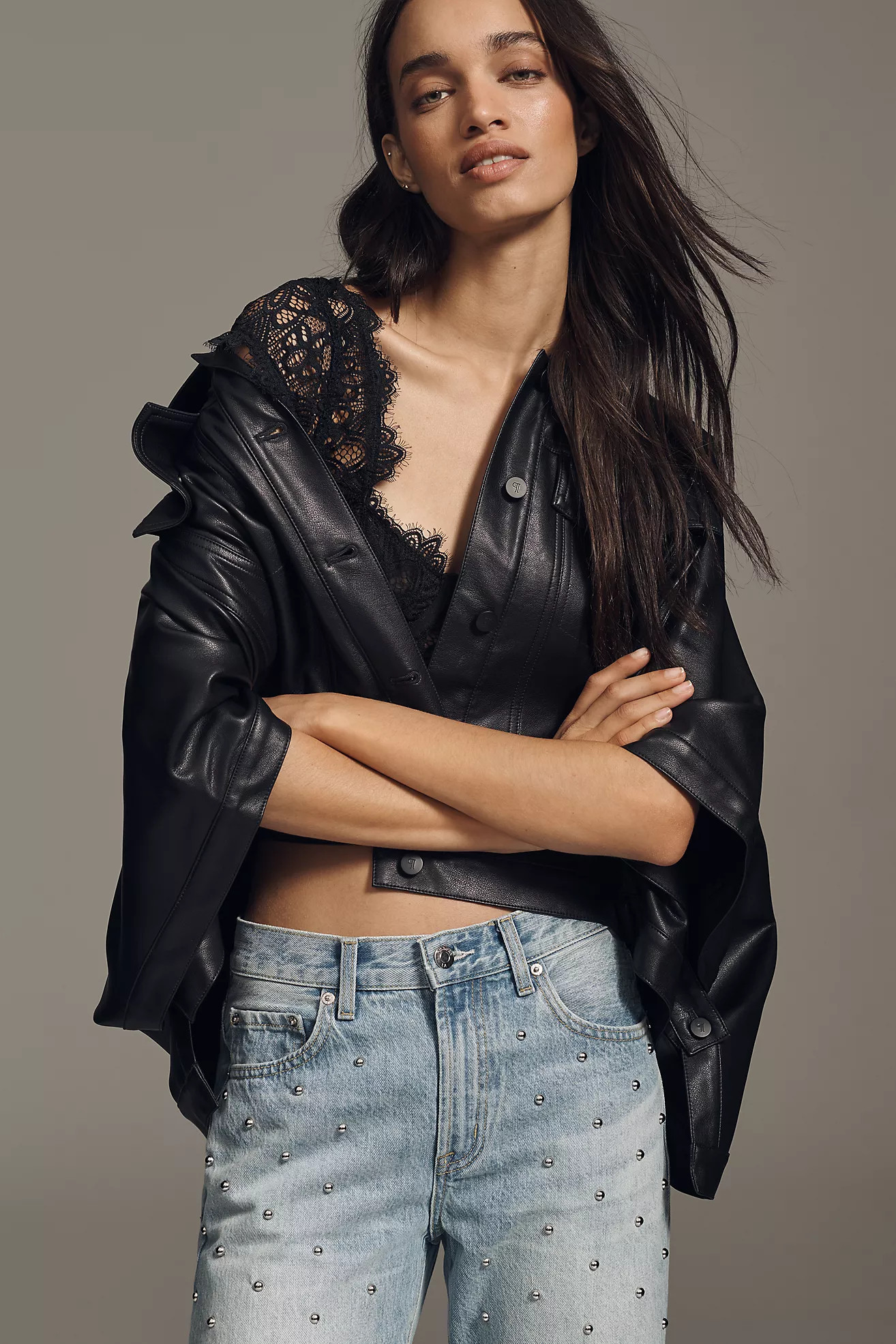 The Weston Cape Denim Boyfriend Jacket by Pilcro: Faux Leather Edition | Anthropologie (US)