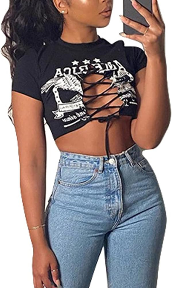 Remidoo Women's Sexy Lace Up Crop Top Short Sleeve Cropped T Shirt Cutout Graphic Tee | Amazon (US)