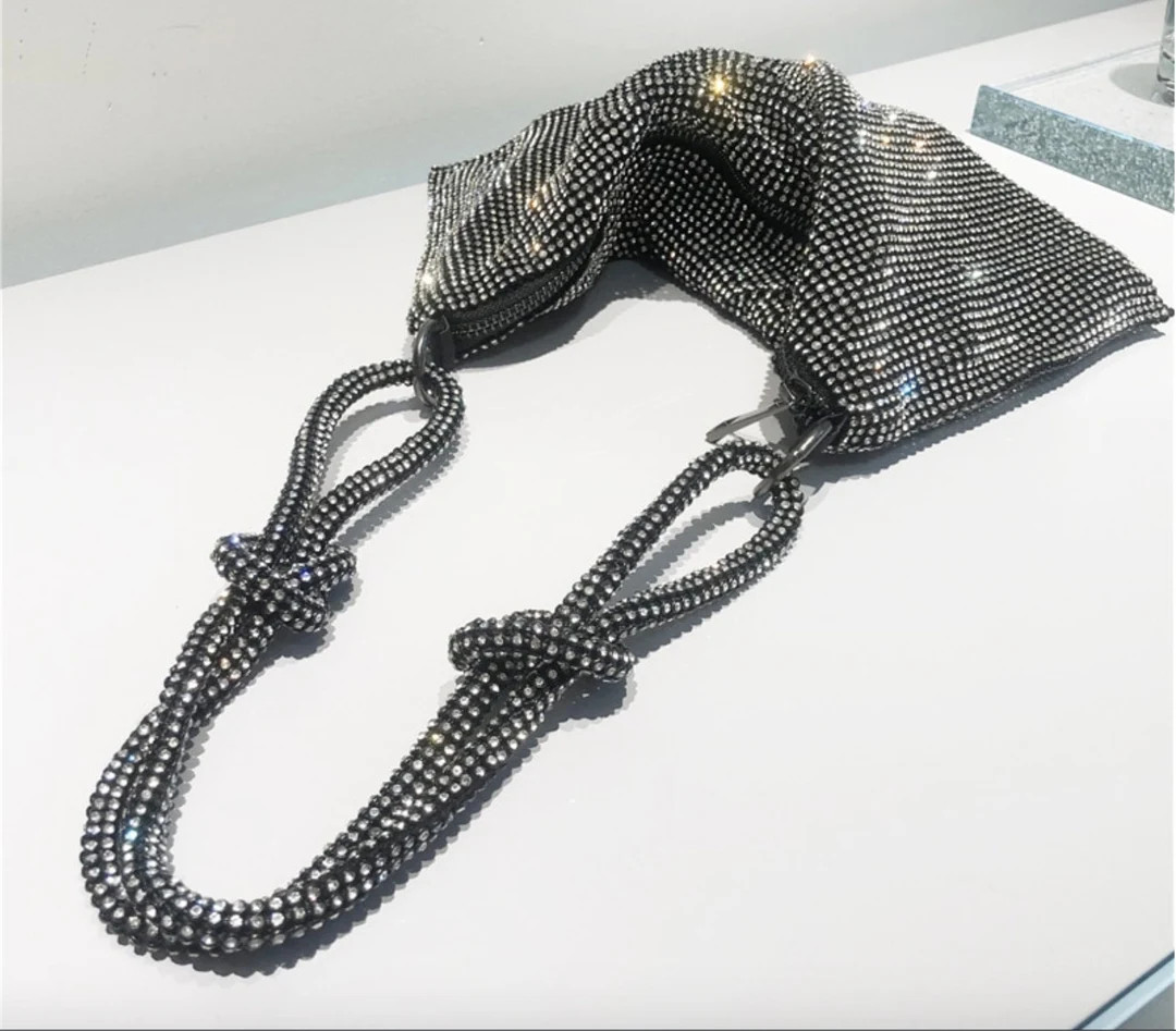 Silver and Black Shiny Sparkly Rhinestone Mesh Bag / Purse/ Clutch/ Handbag Party Bridal Bridesma... | Etsy (US)