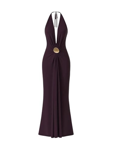 Amazon.com: OYOANGLE Women's Deep V Neck Halter Maxi Dress Sexy Summer Backless Wedding Guest Vac... | Amazon (US)