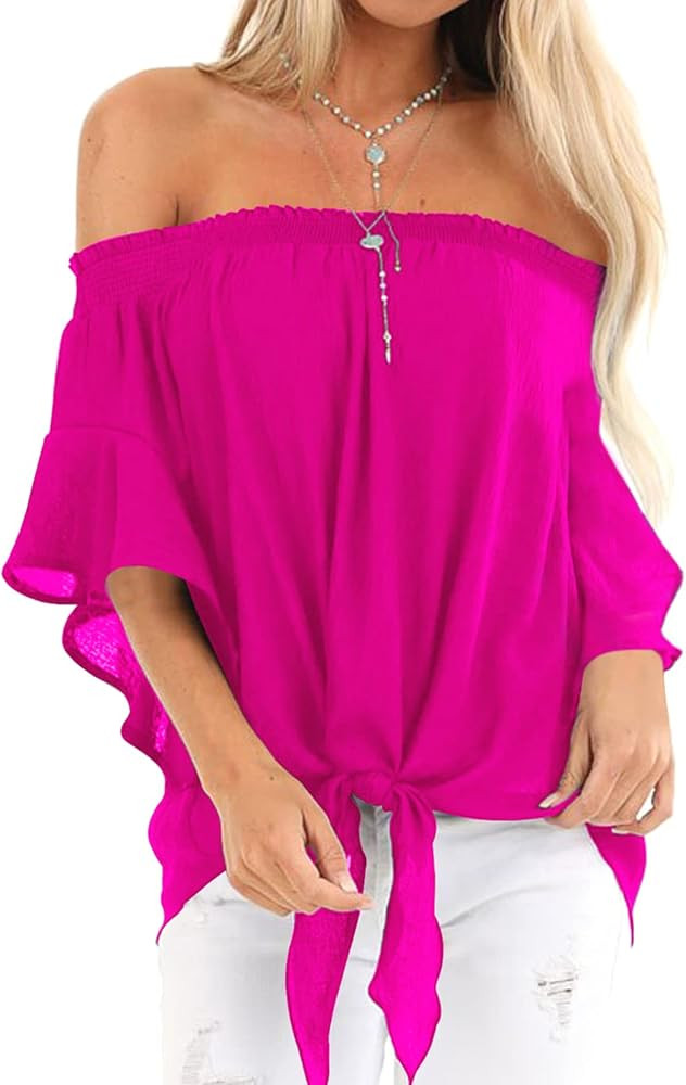 LEIYEE Womens Black Off The Shoulder Tops Summer Short Sleeve Tie Knot T Shirts Blouses | Amazon (US)