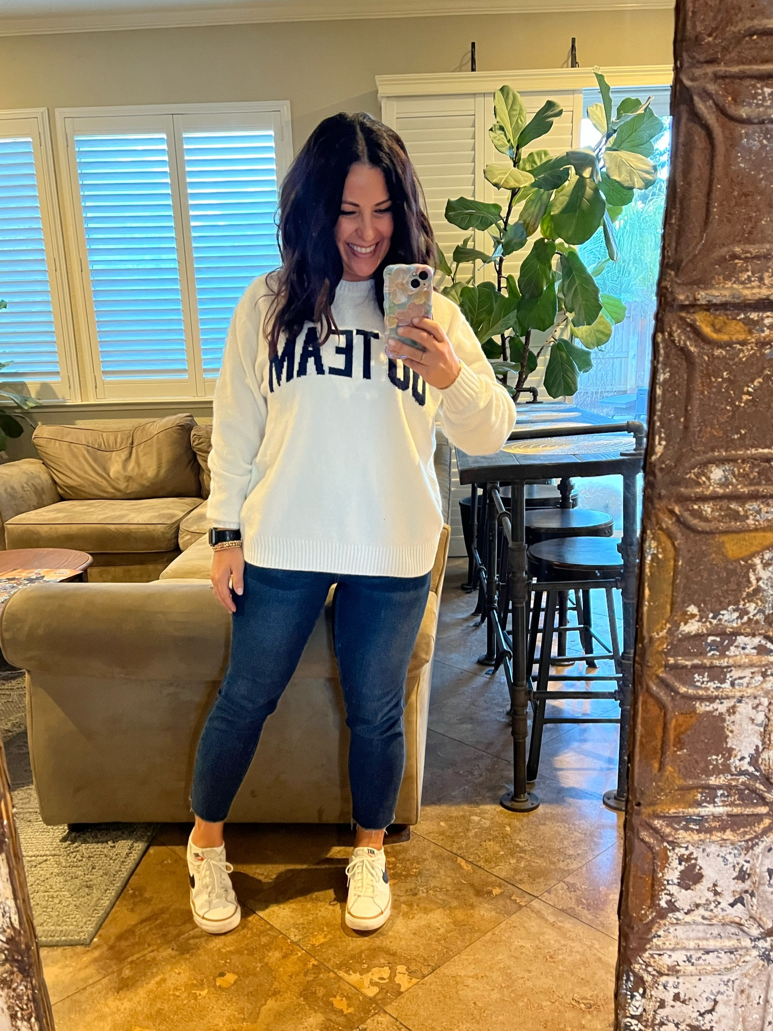 Go team! Easy look for Sunday football or any winter sport. This sweater runs big, I ordered a small, should have sized down. 

Football ootd
Sports mom
Super Bowl outfit


#LTKStyleTip #LTKFindsUnder50 #LTKOver40
