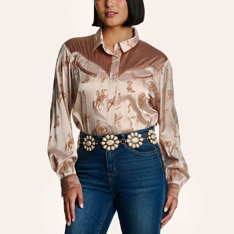 Merigold Kiss Women's Light Mocha Western Print Satin Long Sleeve Pearl Snap Western Shirt | Cavender's