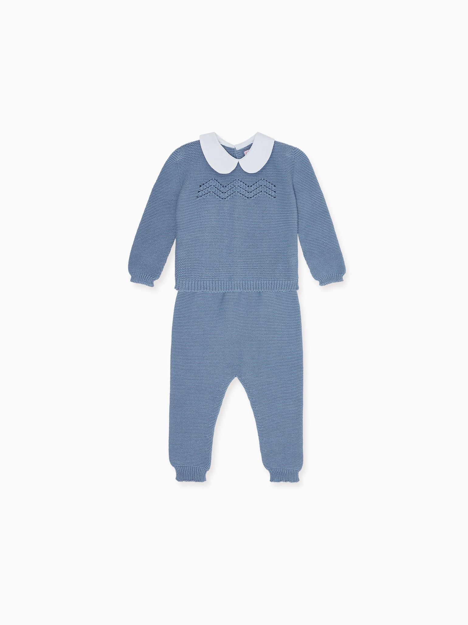Dusty Blue Felice Cotton Knitted Baby Set | La Coqueta (US)