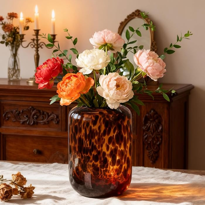 Amber Brown Glass Vase \u2013 Round Art Glass Vase with Tortoise Shell Pattern, Hand Blown Wide M... | Amazon (US)