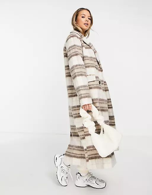New Look premium brushed check maxi formal coat in white pattern | ASOS (Global)