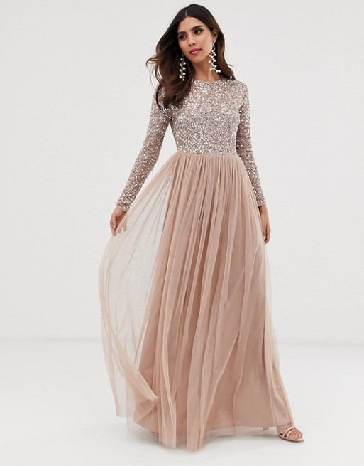 Maya Bridesmaid long sleeve maxi tulle dress with tonal delicate sequins in taupe blush | ASOS US