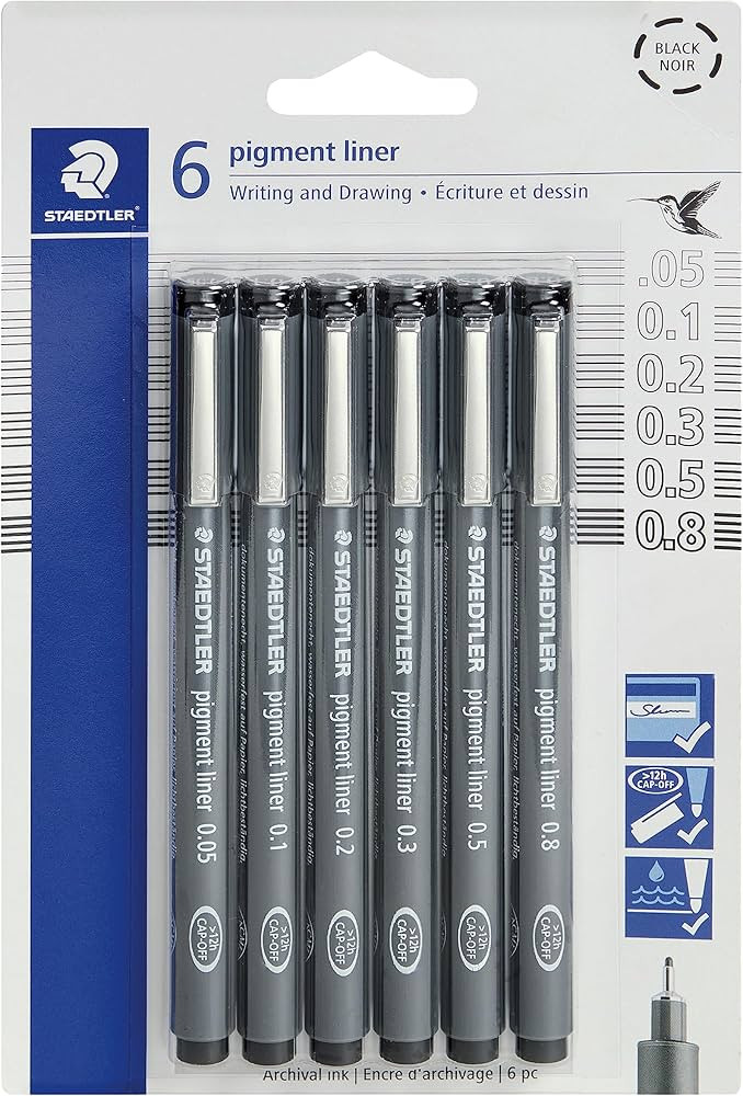 STAEDTLER Pigment Liner Pack, Black, 6 Pens, Assorted Line Widths, 0.05mm, 0.1mm, 0.2mm, 0.3mm, 0... | Amazon (US)