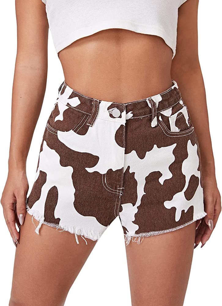 Floerns Women's Raw Hem High Waist Denim Shorts with Pocket | Amazon (US)