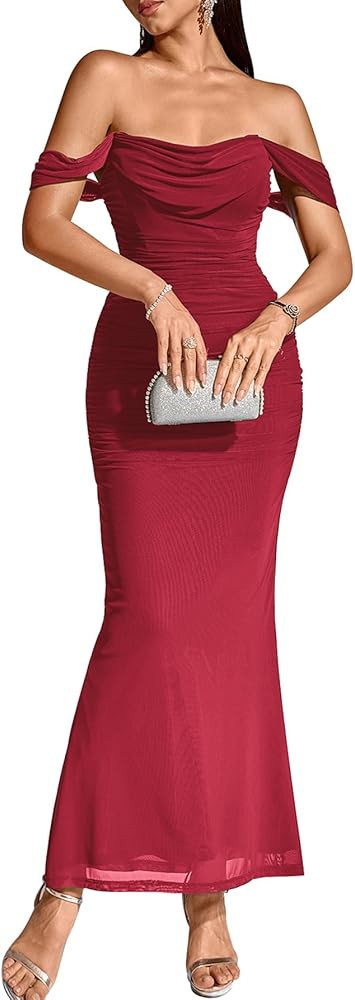 KUTUMAI Off The Shoulder Maxi Long Dress Corset Ruched Bodycon Formal Wedding Guest Dresses for W... | Amazon (US)