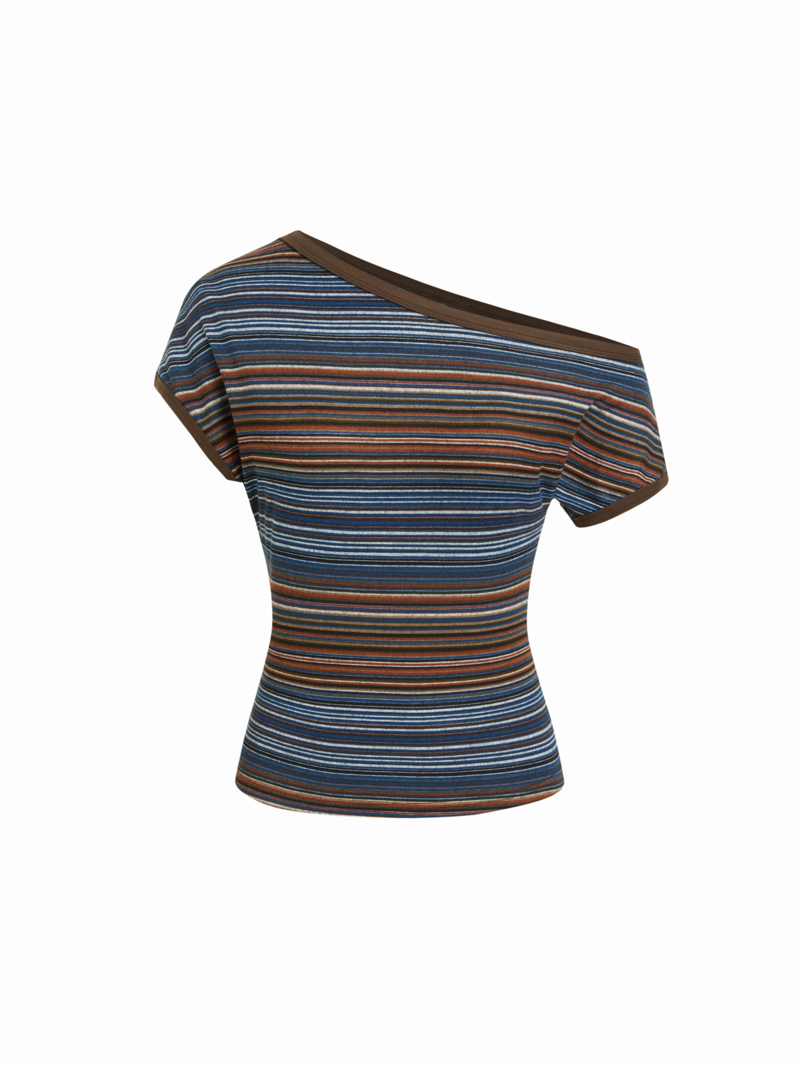 Striped Asymmetrical Neck Short Sleeve Top | Cider