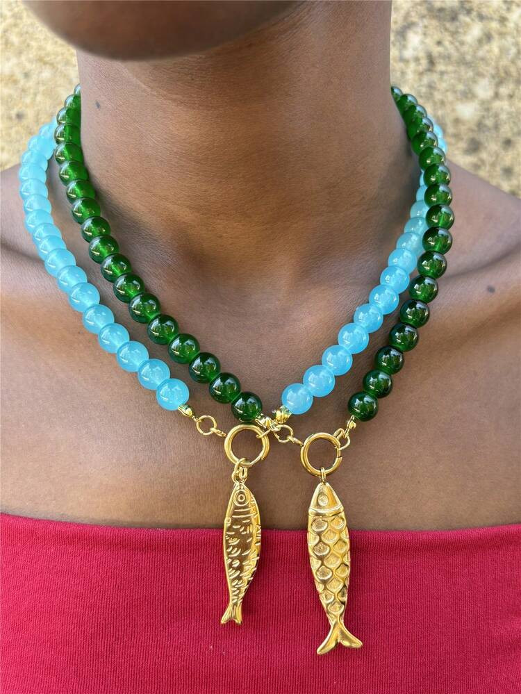 Stainless Steel Fish Pendant Necklace, Blue Green Beaded Vacation Style Necklace | SHEIN