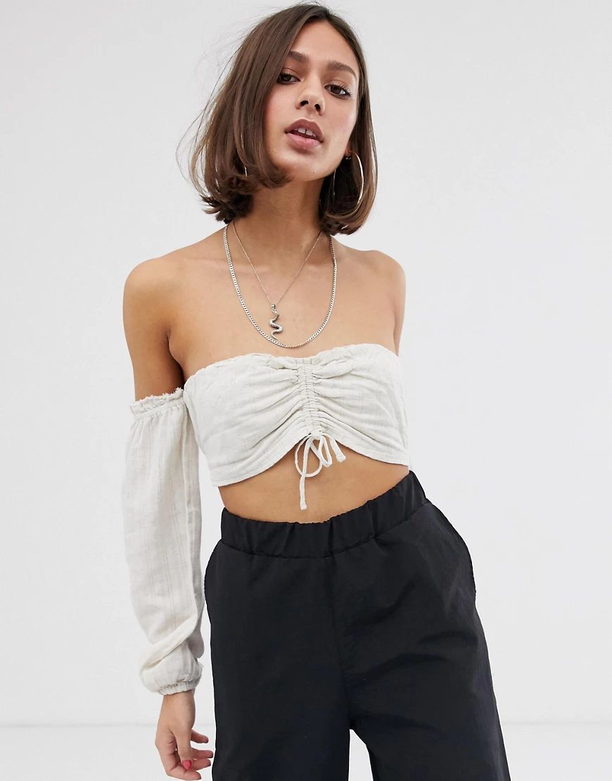 Bershka ruch front long sleeved crop top in off white-Cream | ASOS (Global)