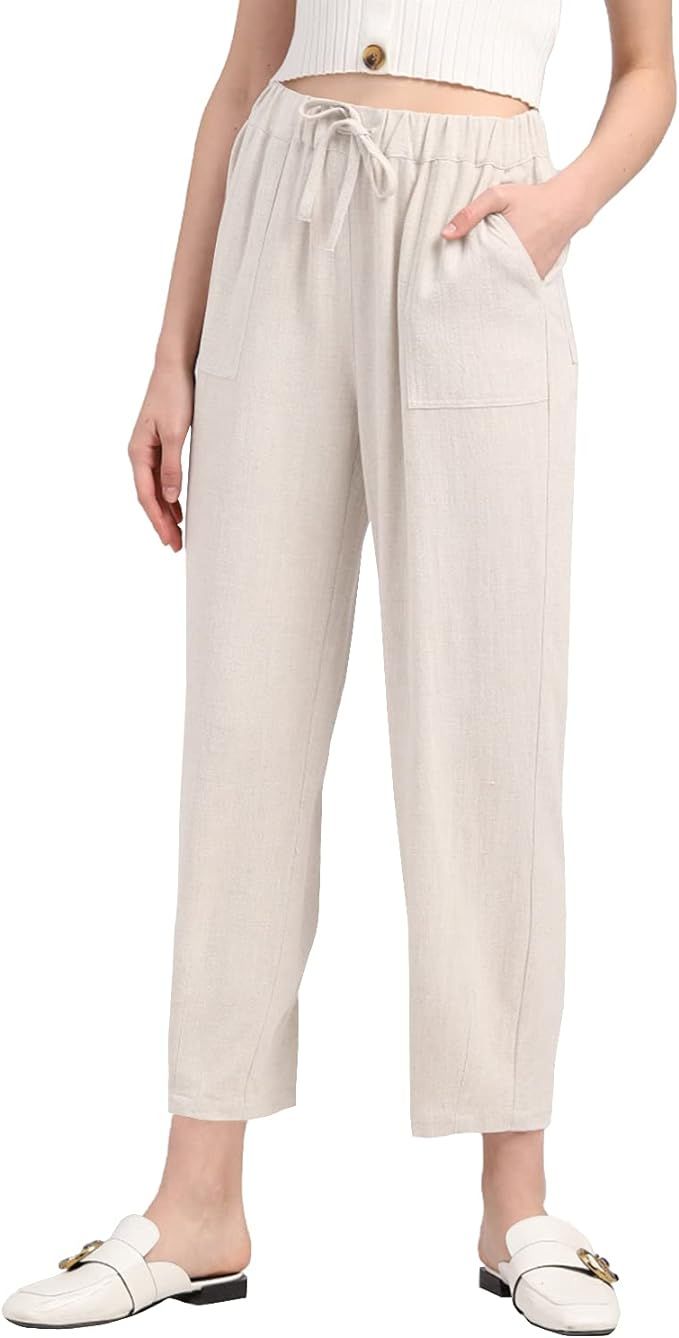 MEOMUA Women's Linen Pants Soft Cropped Drawstring Waist Cotton Beach Trousers | Amazon (US)
