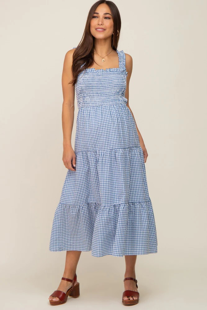 Blue Gingham Smocked Tiered Maternity Midi Dress | PinkBlush Maternity