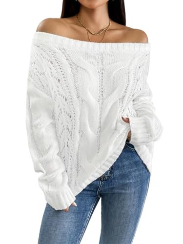 Women's Off Shoulder Cable Knit Sweater Casual Long Sleeve Sweater for Winter Women's Clothing(2X-Large) White | Amazon (US)