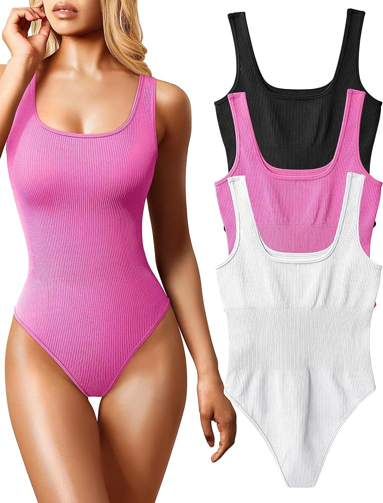 OQQ Women's 3 Piece Bodysuits Sexy Ribbed Sleeveless Square Neck Sleeveless Tank Tops Bodysuits | Amazon (US)