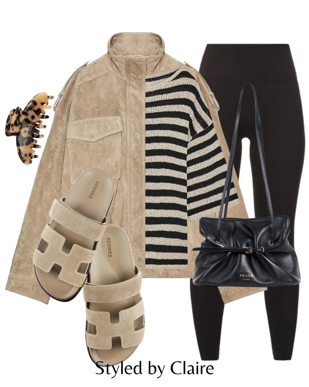 Autumn everyday realistic outfit🙋🏽‍♀️
Tags: Zara trending suede jacket stripe top shirt black leggings beige brown Prada leather bag Hermes ego strap sandals hair claw fashion inspo outfit ideas city break busy mum capsule wardrobe basicss cool girl

#LTKshoes #LTKstyletip #LTKbag