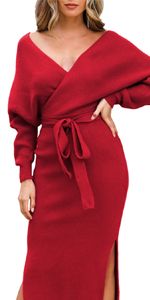 Women's Long Batwing Sleeve Backless V Neck Belted Bodycon Sweater Maxi Knit Dress Red L at Amazo... | Amazon (US)