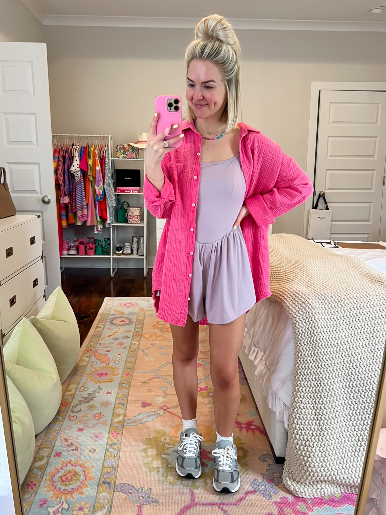 Pool to party pink coverup shirt (size: XS, runs big) / Amazon romper / Amazon athleisure romper (size: SM) / new balance 9060 

#LTKFindsUnder50 #LTKSaleAlert #LTKActive