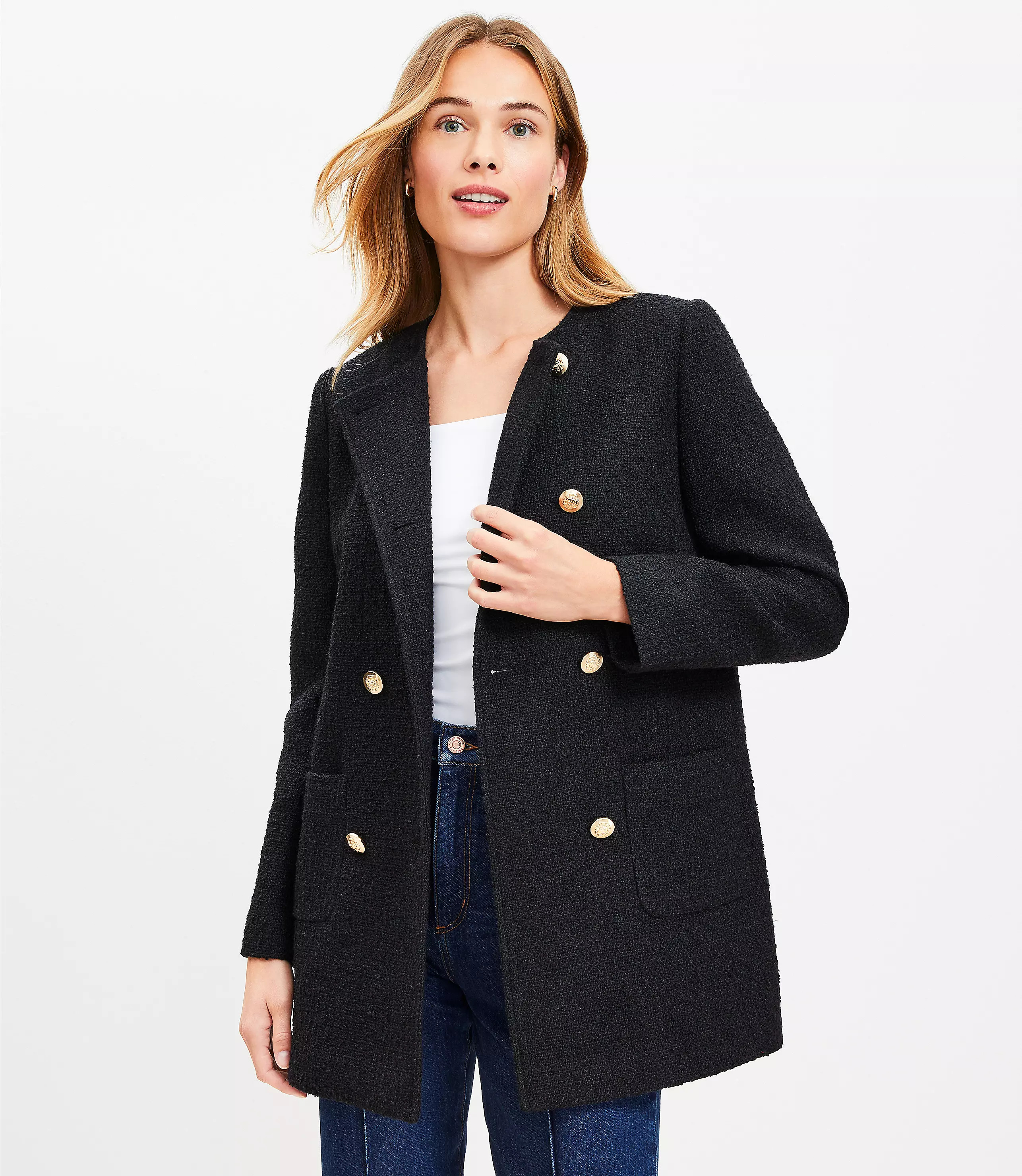 Petite Tweed Long Collarless Jacket | LOFT