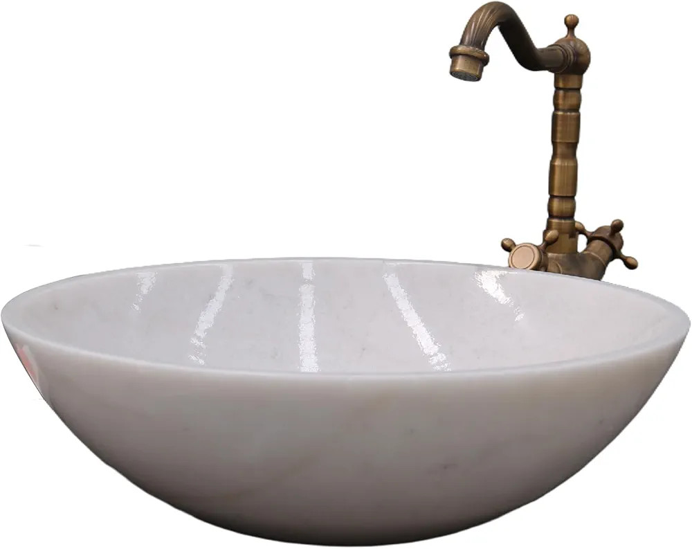 Stone Bathroom Sink 17inch White Round Shape Vessel Bowl Polished Finished basin (White) | Amazon (US)