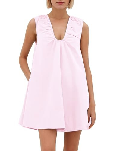 Lenader Women's Sleeveless Babydoll Tank Mini Dress Scoop Neck Ruched Bubble Dress with Pockets Short Summer Going Out Party Dresses Pink | Amazon (US)