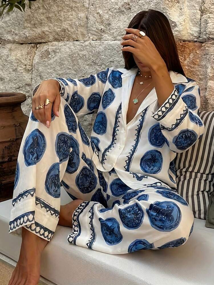 Women's All-Over Print Shirt And Pants Shirt And Elastic Waist Trousers Set Summer Outfits For Women | SHEIN