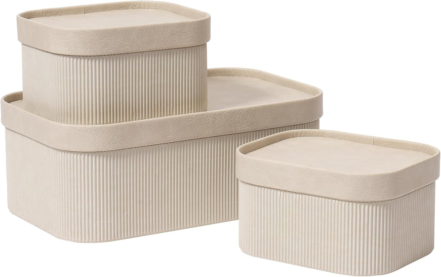 Fluted Cardboard Storage Baskets with Leather-Like Lids, Sturdy Stackable Paper Boxes Decorative ... | Amazon (US)