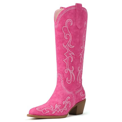 IDIFU Hot Pink Cowboy Boots for Women Western Cowgirl Knee High Long Boots Low Chunky Block Heel Pointed Toe Fashion Dressy Embroidered Party Country Concert Heeled Boots (Hot Pink, 8.5) | Amazon (US)