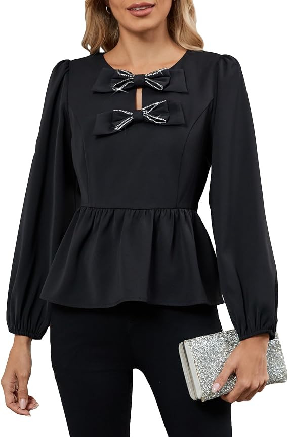 Women Rhinestone Sparkly Tops with Bow Formal Elegant Evening Cocktail Party Blouse Crewneck Puff... | Amazon (US)