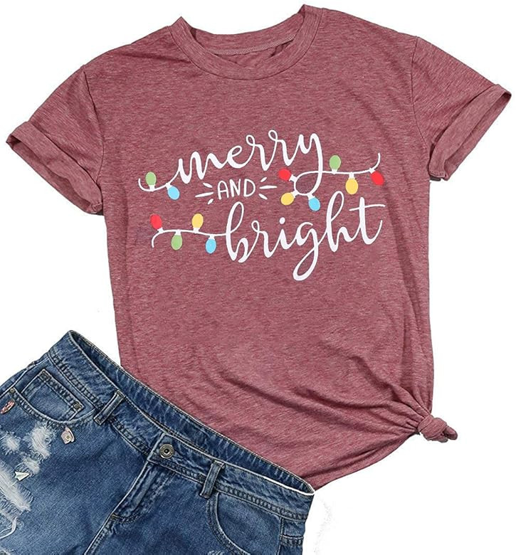 DUTUT Merry and Bright Christmas Lights T-Shirts Women Xmas Graphic Print Shirts Holiday Short Sleev | Amazon (US)