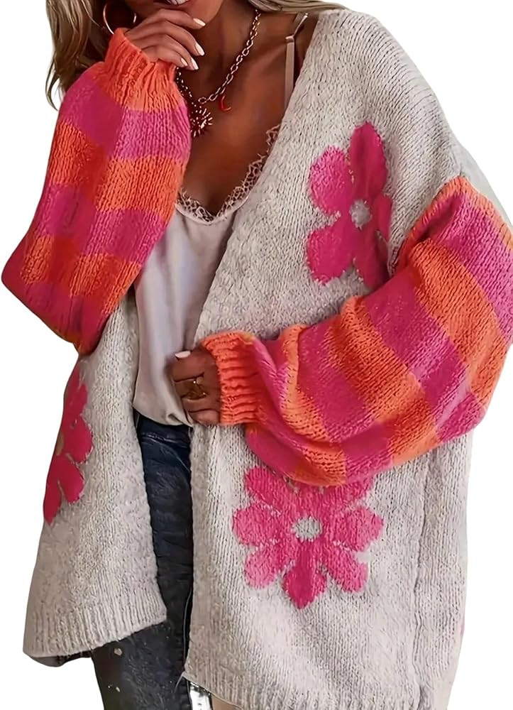 LUKYCILD Open Front Cardigan Sweaters for Women Floral Color Block Long Sleeve Drop Shoulder Swea... | Amazon (US)