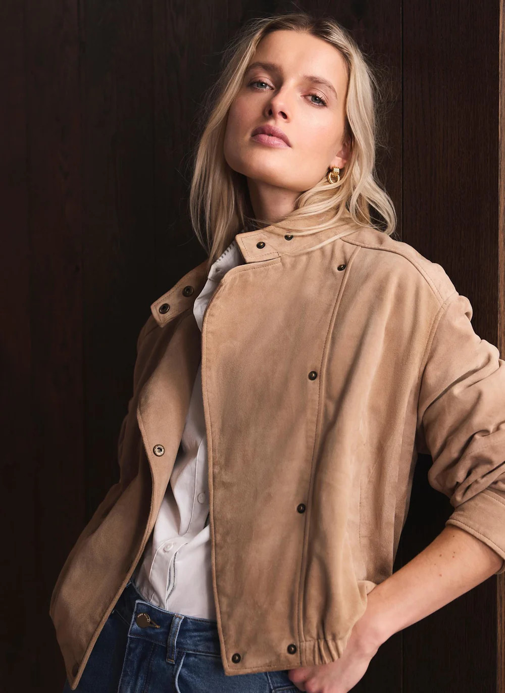 Neutral Suede Cropped Pilot Bomber Jacket | Mint Velvet