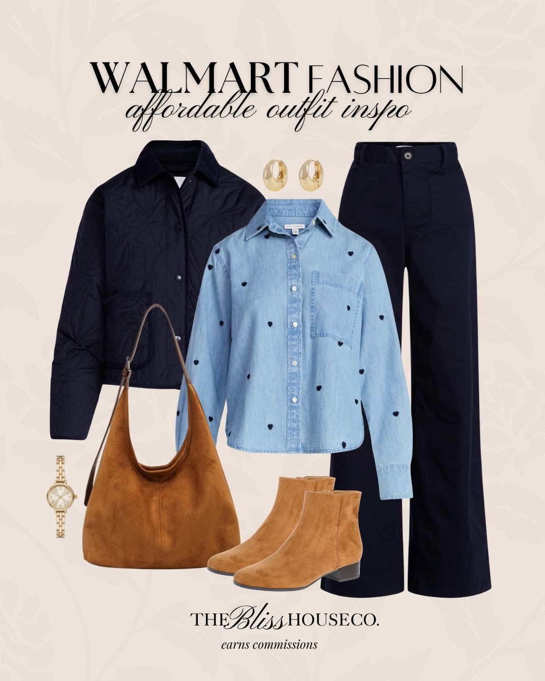 Winter outfit inspo with a touch of Valentine's Day with this heart print top! 🖤 Walmart new fashion arrivals, winter style, navy jacket, pants, denim, heart detaill, vday casual outfit, suede brown bag and shoes, trending affordable women's clothing, styled look, Walmart style. 

 #LTKValentine #LTKootd #LTKSeasonal
