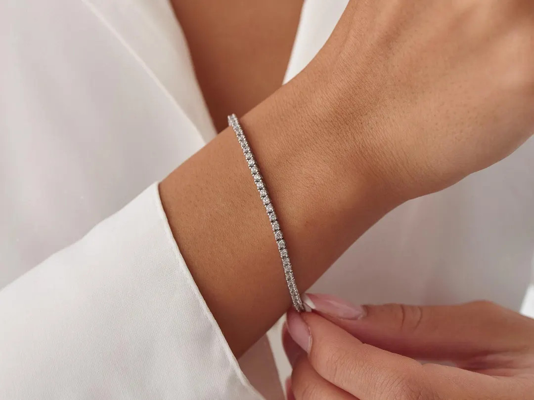 14K White Gold Tennis Bracelet 3mm 6.00TCW Round Cut CZ Diamond 925 Sterling Silver, Dainty Silve... | Etsy (US)