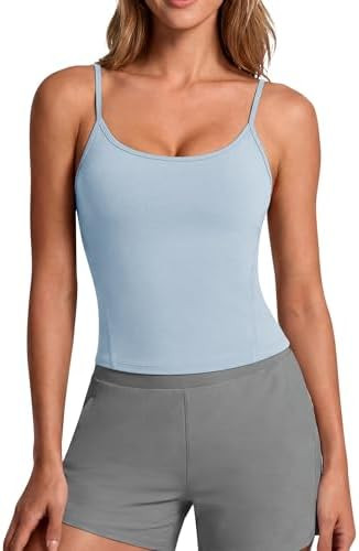 G4Free BareFeel Built in Bra Camisole Tops Yoga Workout Removable Padded Cami Spaghetti Strap Pil... | Amazon (US)