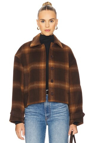 SIMKHAI Colby Plaid Jacket in Chocolate Plaid from Revolve.com | Revolve Clothing (Global)
