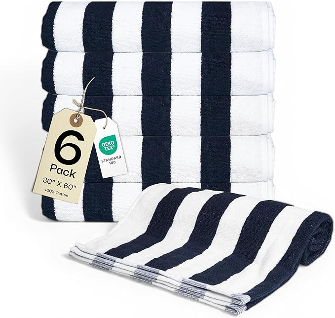 Cotton Striped Beach Cabana Towel, 6 Pack - 30"x60" Quick Dry Towels, Pool Essentials, Travel, Gy... | Amazon (US)
