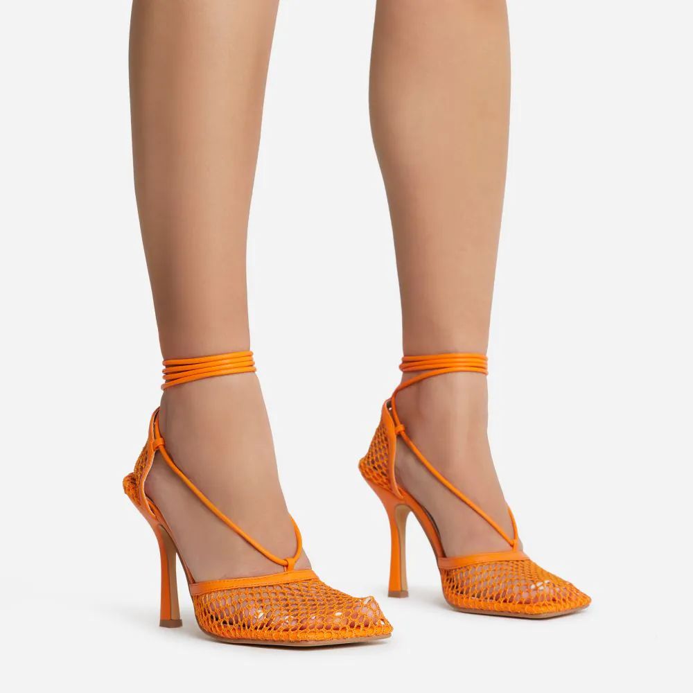 New-Me Lace Up Square Toe Court Heel In Orange Fishnet | EGO Shoes (US & Canada)
