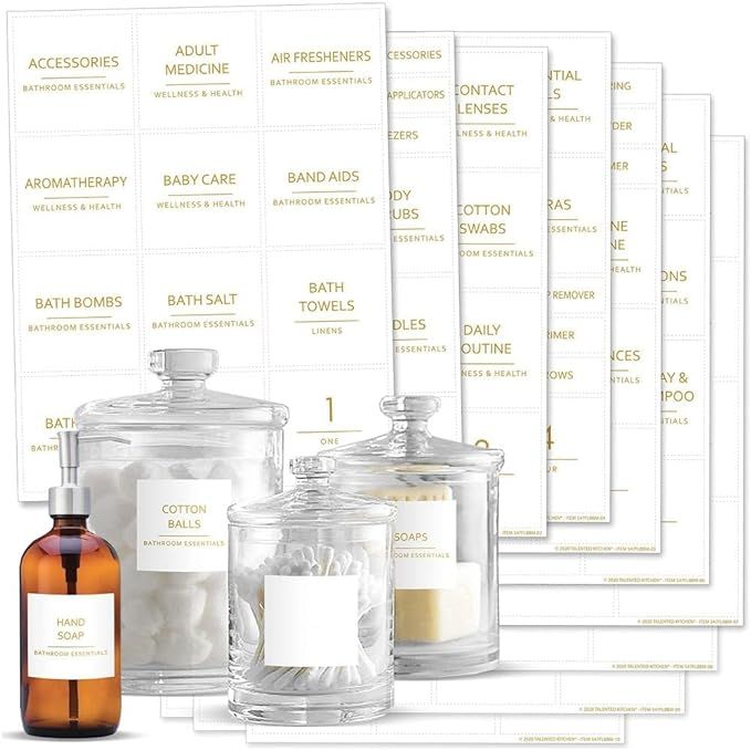 Talented Kitchen 174 Gold Minimalist Bathroom Labels Set with Makeup Labels, Gold Print on White ... | Amazon (US)