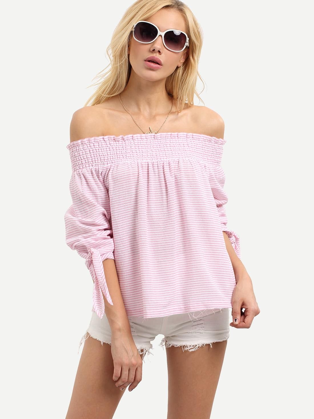 Pink Off The Shoulder Long Sleeve Blouse | SHEIN