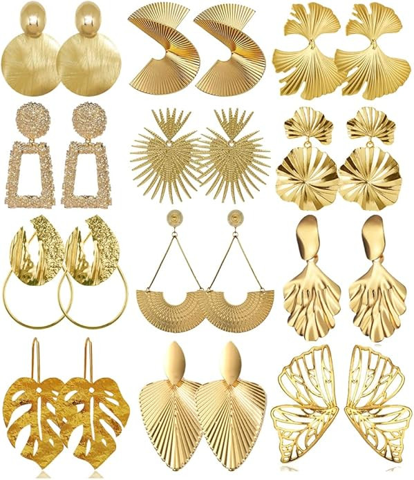 12 Pairs Gold Silver Geometric Earrings Exaggerated Statement Earrings Punk Stylish Sectored Twis... | Amazon (US)