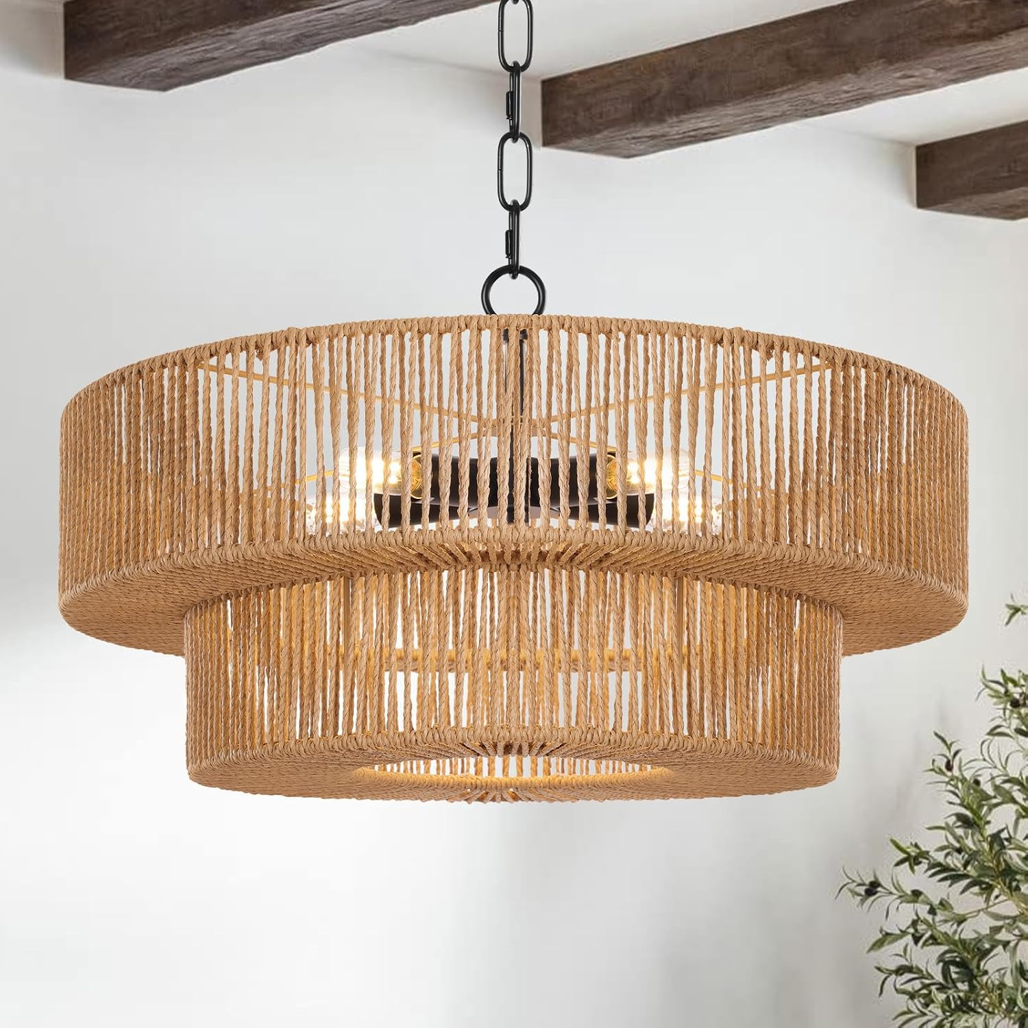 LamQee 22 Inch Farmhouse Rattan Chandeliers, 5 Lights Boho Chandelier Light Fixture with Hand Woven Wicker Shade, Large Rattan Pendant Lights Ceiling Hanging Lighting for Dining Room Kitchen Island | Amazon (US)
