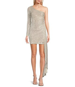 Xtraordinary One Shoulder Sequin Wrap Drape Mini Dress | Dillard's | Dillard's