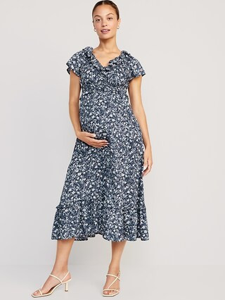 Maternity Waist-Defined Flutter-Sleeve Midi Dress | Old Navy (US)