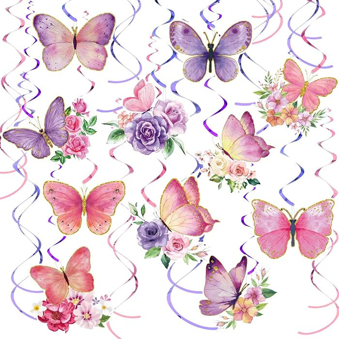 Pajean 30 Pieces Butterfly Party Decorations Watercolor Purple Butterfly Hanging Swirls Decoratio... | Amazon (US)